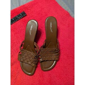 Coldwater Creek Jessie Brown Leather Woven Slide Sandals Size 8.5 M Wedge Mule
